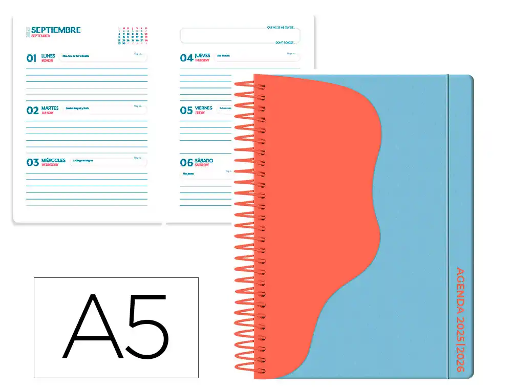 Agenda escolar LIDERPAPEL 25-26 espiral waves azul semana vista A5 bilingüe papel fsc 80 gr