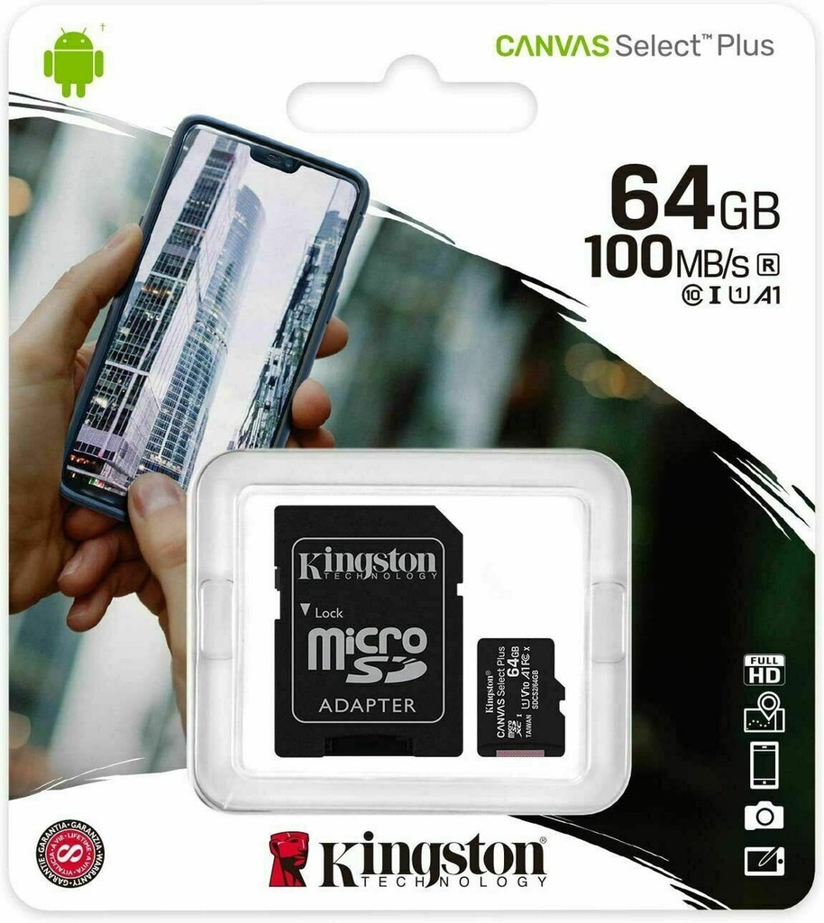 TARJETA MICROSD XC 64GB + ADAPTADOR KINGSTON CANVAS SELECT PLUS - CLASE 10 - 100MB/S