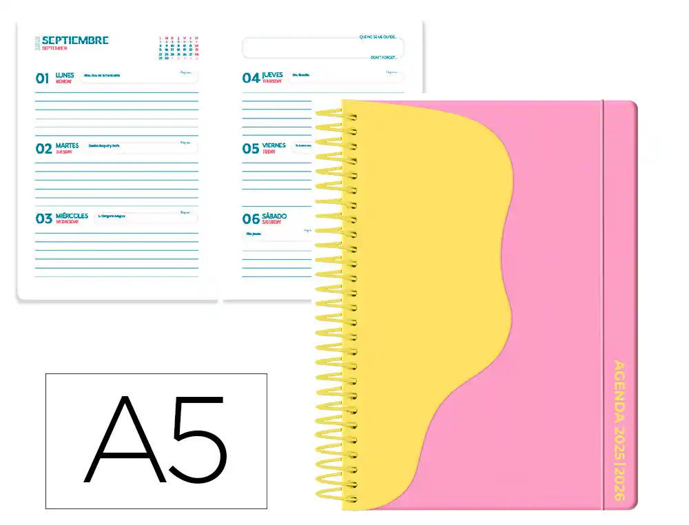 Agenda escolar LIDERPAPEL 25-26 espiral waves rosa semana vista A5 bilingüe papel fsc 80 gr