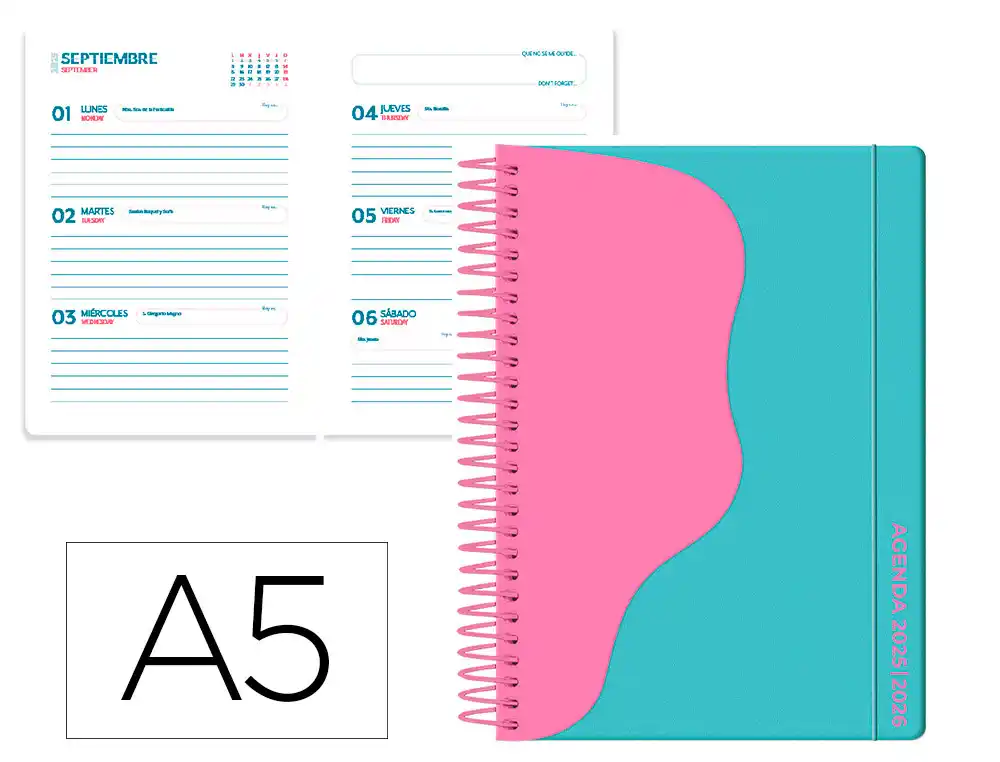 Agenda escolar LIDERPAPEL 25-26 espiral waves turquesa semana vista A5 bilingüe papel fsc 80 gr