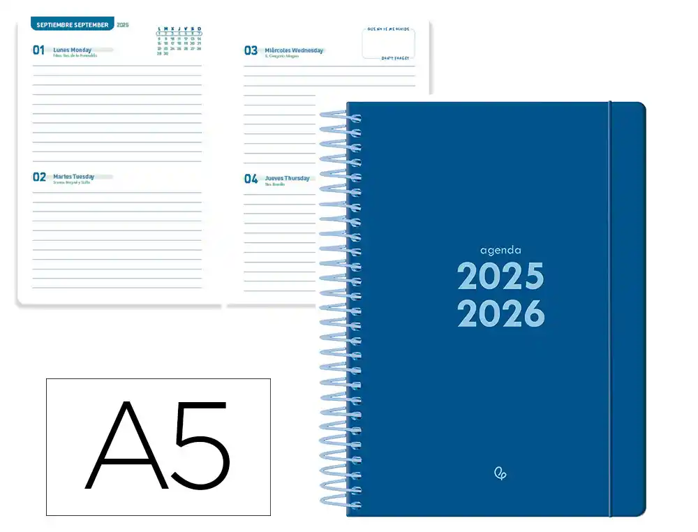 Agenda escolar LIDERPAPEL 25-26 espiral basic azul oscuro 2 dias pagina A5 bilingüe papel fsc 70 gr