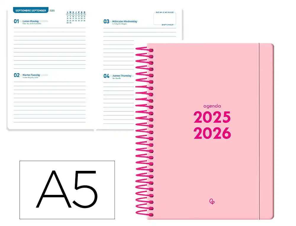 Agenda escolar LIDERPAPEL 25-26 espiral basic rosa 2 dias pagina A5 bilingüe papel fsc 70 gr