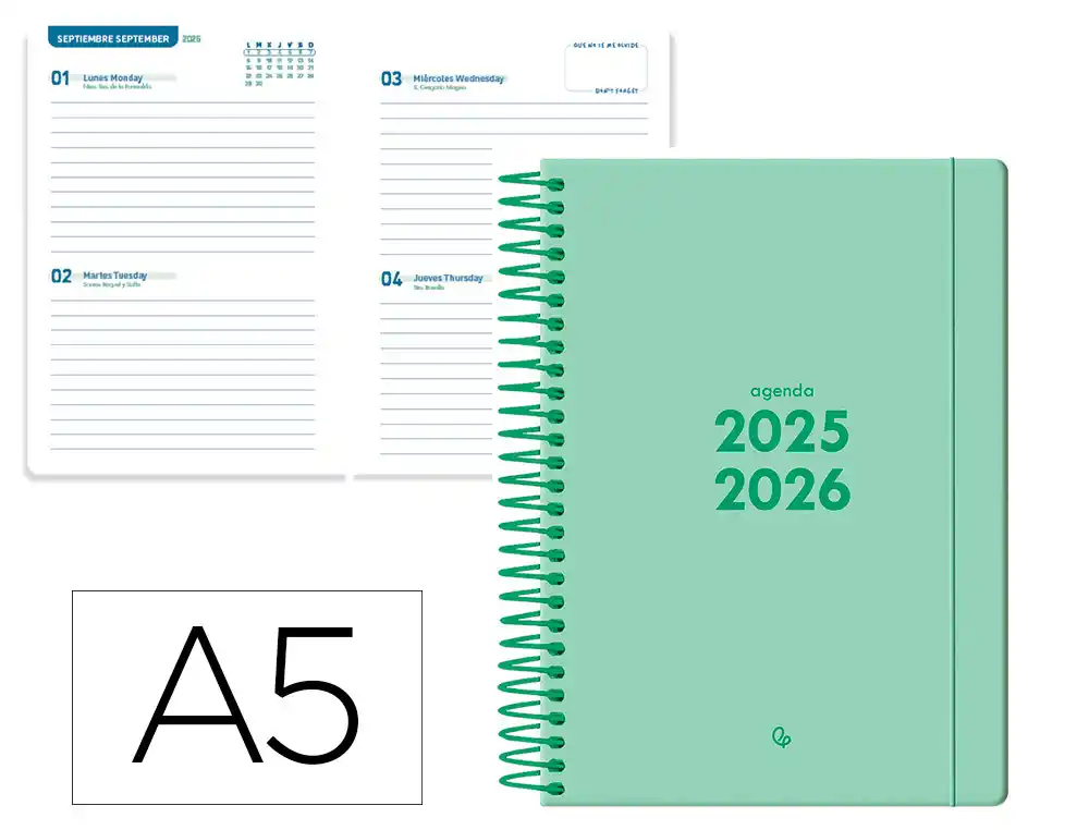 Agenda escolar LIDERPAPEL 25-26 espiral basic verde menta 2 dias pagina A5 bilingüe papel fsc 70 gr