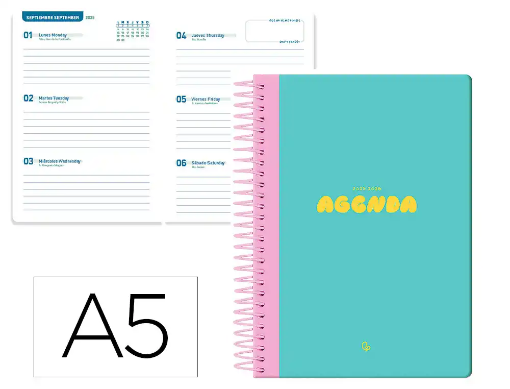 Agenda escolar LIDERPAPEL 25-2 6 espiral classic azul turquesa semana vista A5 bilingüe papel fsc 70 gr