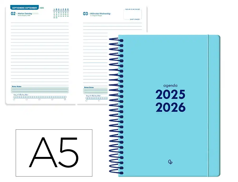 Agenda escolar LIDERPAPEL 25-26 espiral basic azul dia pagina A5 bilingüe papel fsc 70 gr