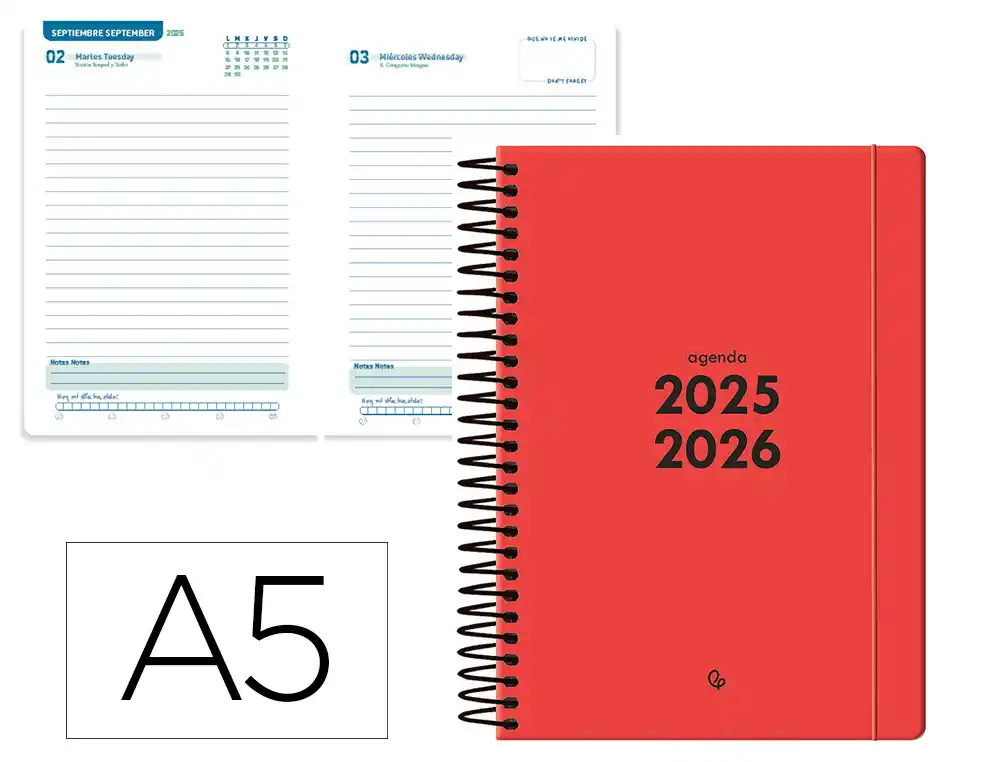 Agenda escolar LIDERPAPEL 25-26 espiral basic rojo dia pagina A5 bilingüe papel fsc 70 gr