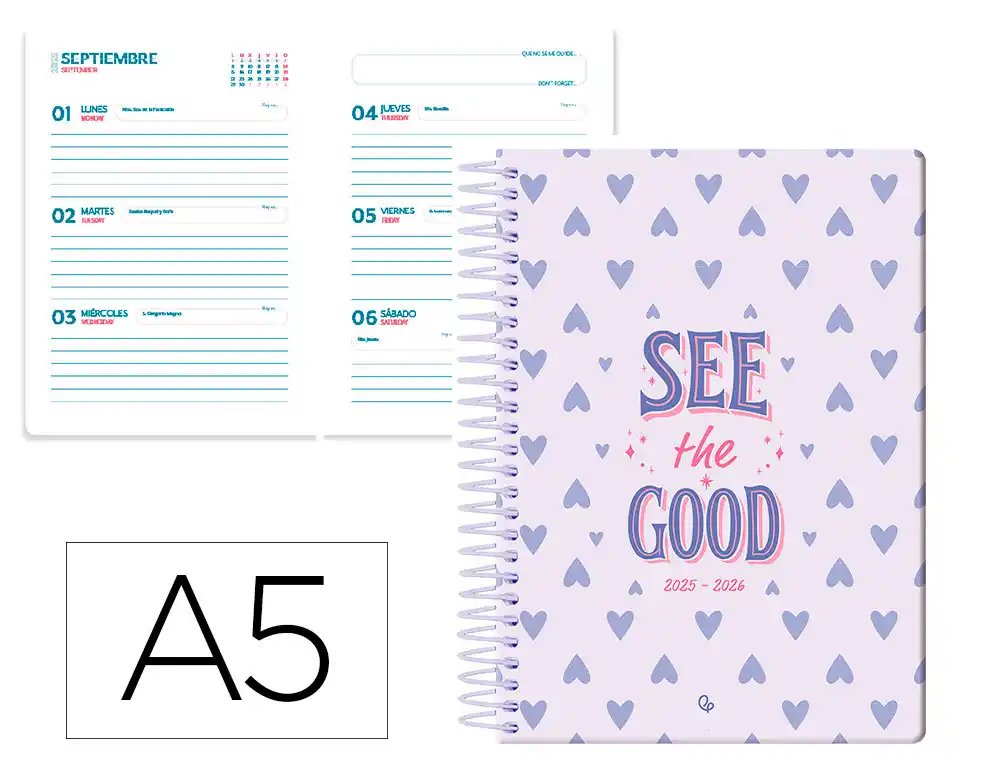 Agenda escolar LIDERPAPEL 25-26 espiral petite corazones semana vista A5 bilingüe papel fsc 80 gr
