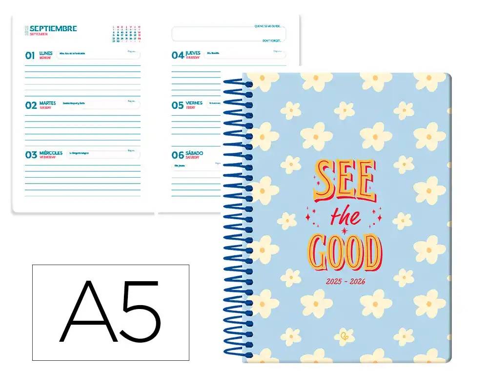 Agenda escolar LIDERPAPEL 25-26 espiral petite flores semana vista A5 bilingüe papel fsc 80 gr