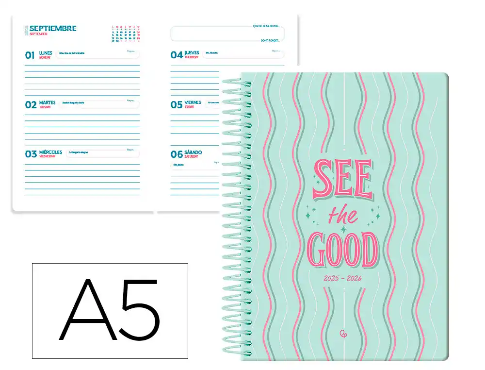 Agenda escolar LIDERPAPEL 25-26 espiral petite lineas semana vista A5 bilingüe papel fsc 80 gr
