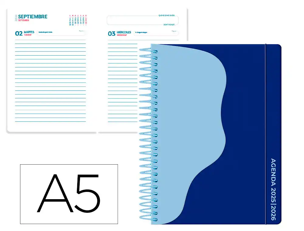 Agenda escolar LIDERPAPEL 25-26 espiral waves azul oscuro dia pagina A5 bilingüe papel fsc 80 gr