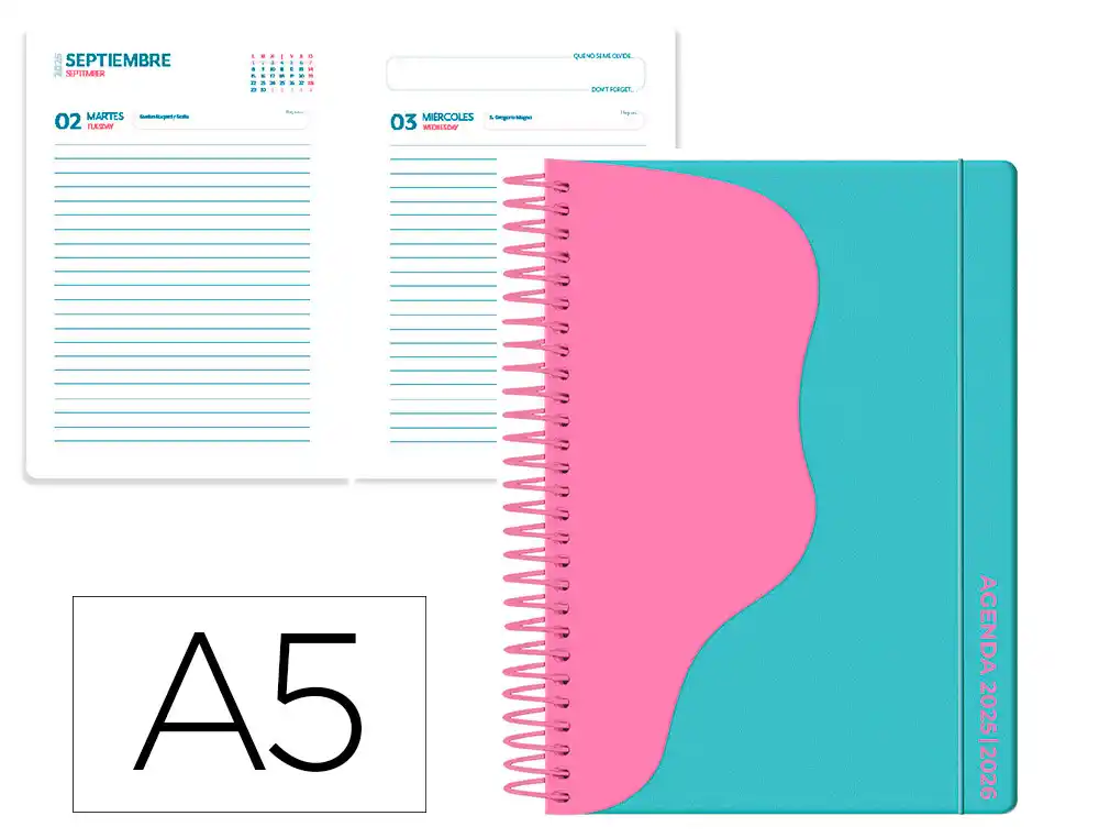 Agenda escolar LIDERPAPEL 25-26 espiral waves azul turquesa dia pagina A5 bilingüe papel fsc 80 gr