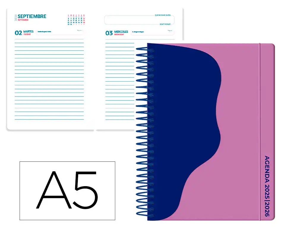 Agenda escolar LIDERPAPEL 25-26 espiral waves morado dia pagina A5 bilingüe papel fsc 80 gr