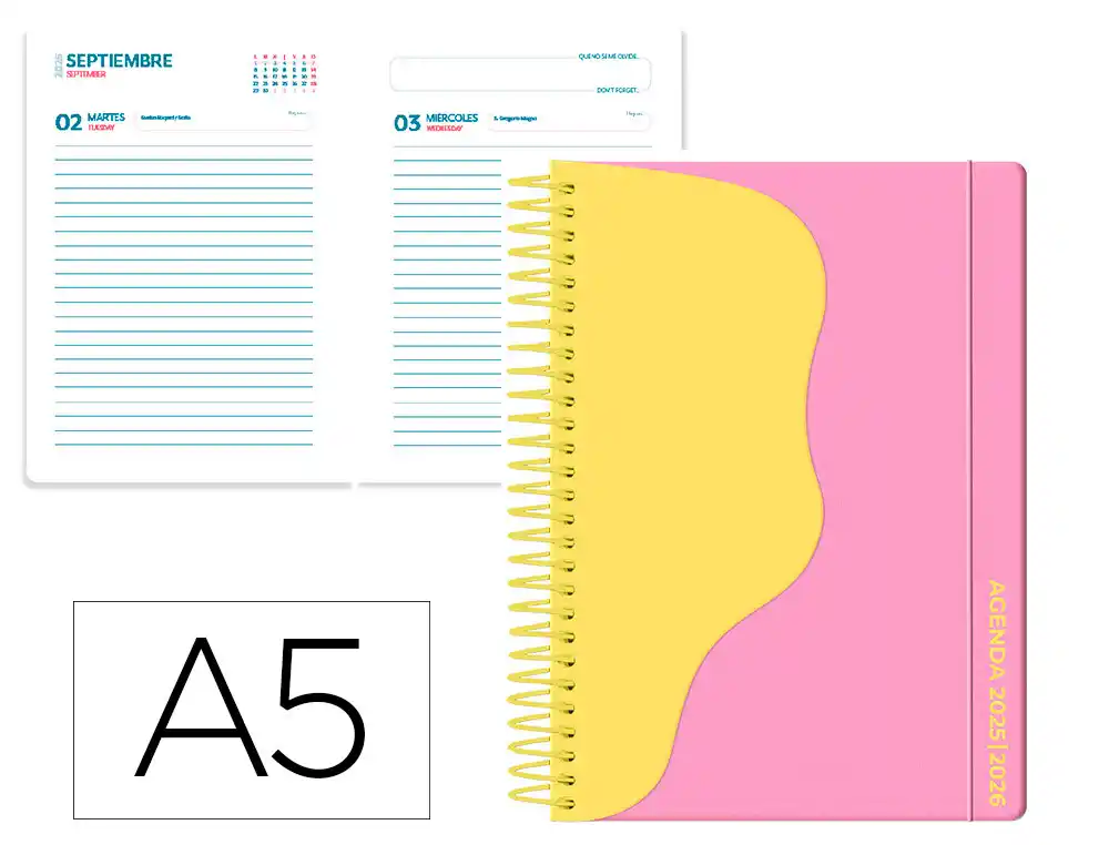 Agenda escolar LIDERPAPEL 25-26 espiral waves rosa dia pagina A5 bilingüe papel fsc 80 gr