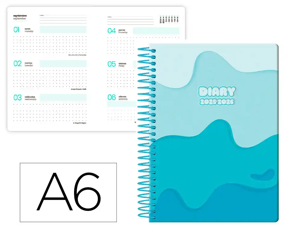 Agenda escolar LIDERPAPEL 25-26 espiral melting azul semana vista A6 bilingüe papel fsc 80 gr