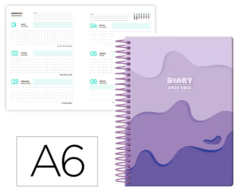 Agenda escolar LIDERPAPEL 25-26 espiral melting morado semana vista A6 bilingüe papel fsc 80 gr