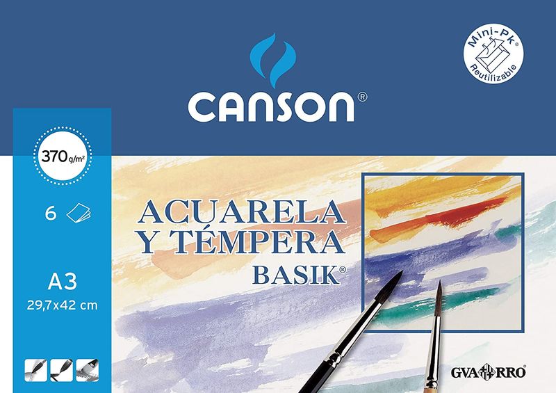 PAPEL ACUARELA BASIK CANSON DIN A3 370 GR PACK DE 6 HOJAS