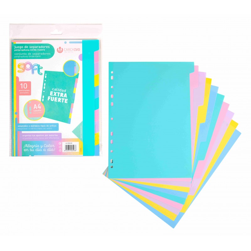 SEPARADORES MULTITALADRO CARCHIVO EXTRA FUERTE POLIPROPILENO 10 PESTAÑAS SOFT A4 COLORES PASTEL