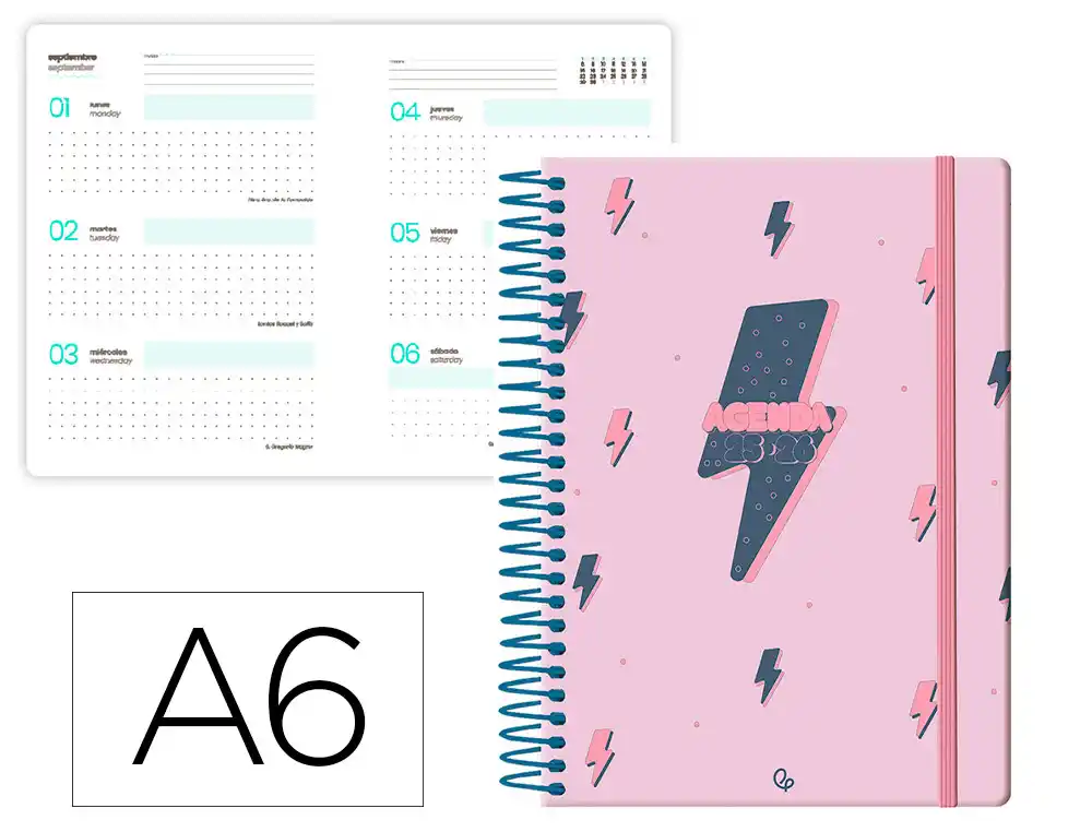 Agenda escolar LIDERPAPEL 25-26 espiral patterns rayos rosa semana vista A6 bilingüe papel fsc 80 gr