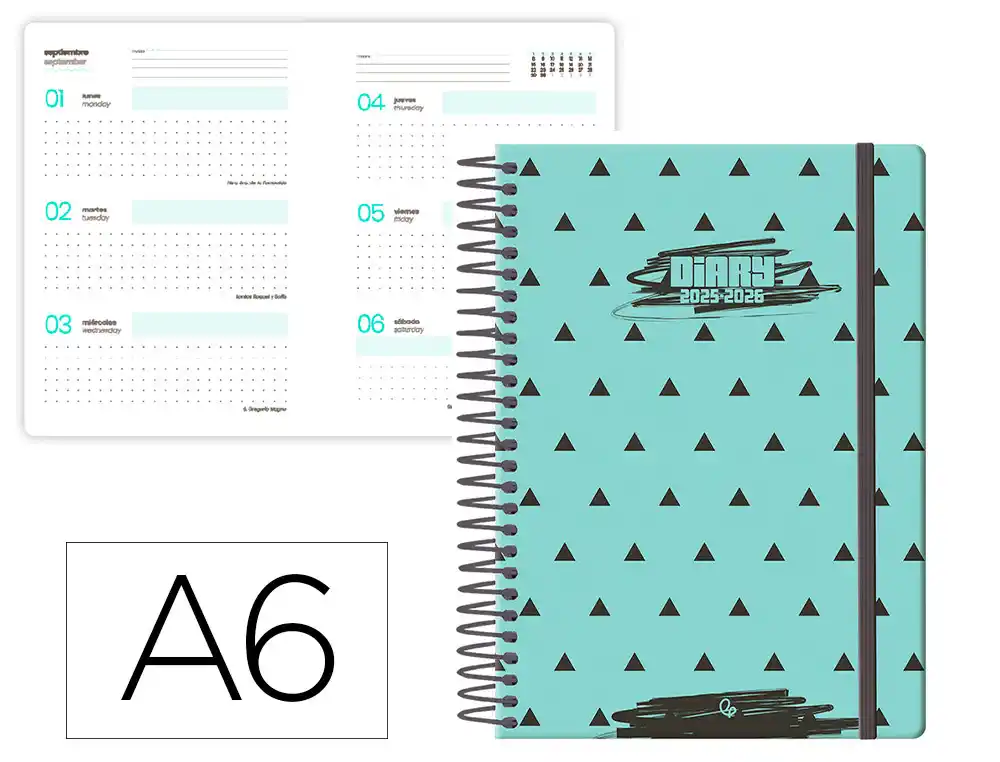 Agenda escolar LIDERPAPEL 25-26 espiral patterns triangulos semana vista A6 bilingüe papel fsc 80 gr