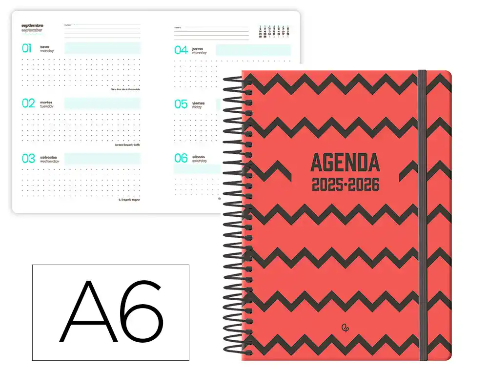 Agenda escolar LIDERPAPEL 25-26 espiral patterns zigzag semana vista A6 bilingüe papel fsc 80 gr
