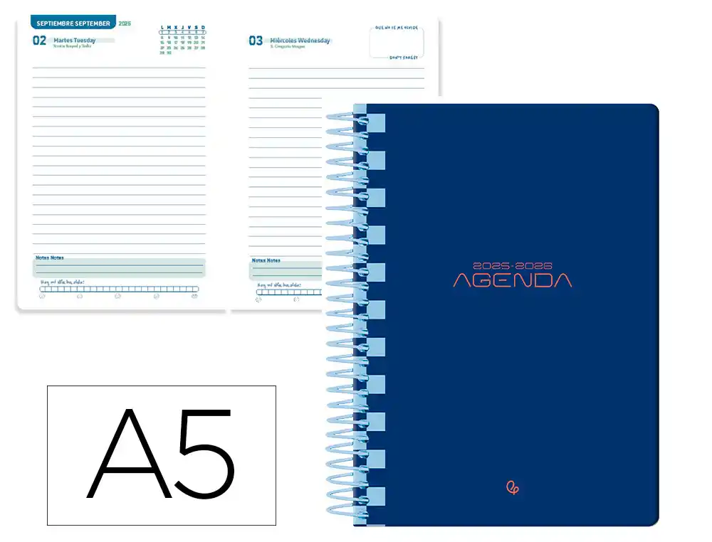 Agenda escolar LIDERPAPEL 25-26 espiral classic azul oscuro dia pagina A5 bilingüe papel fsc 70 gr