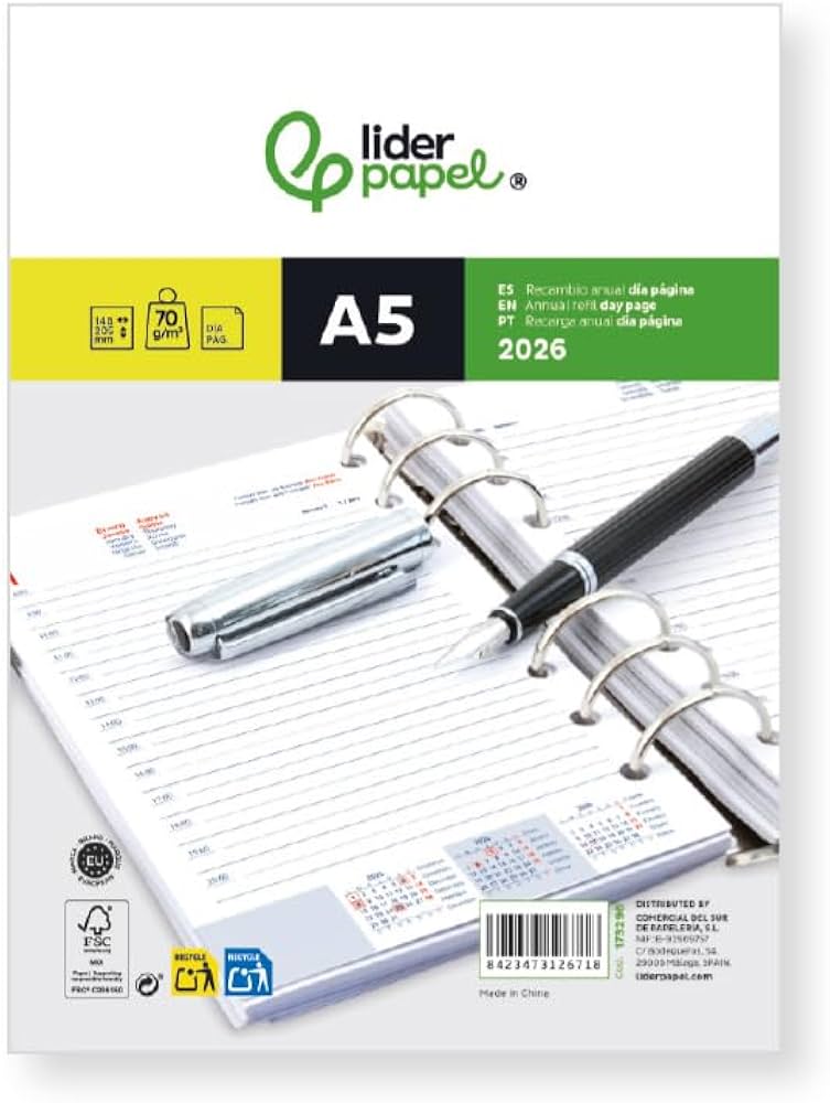RECAMBIO AGENDA ANILLAS LIDERPAPEL 148X205 MM DIN