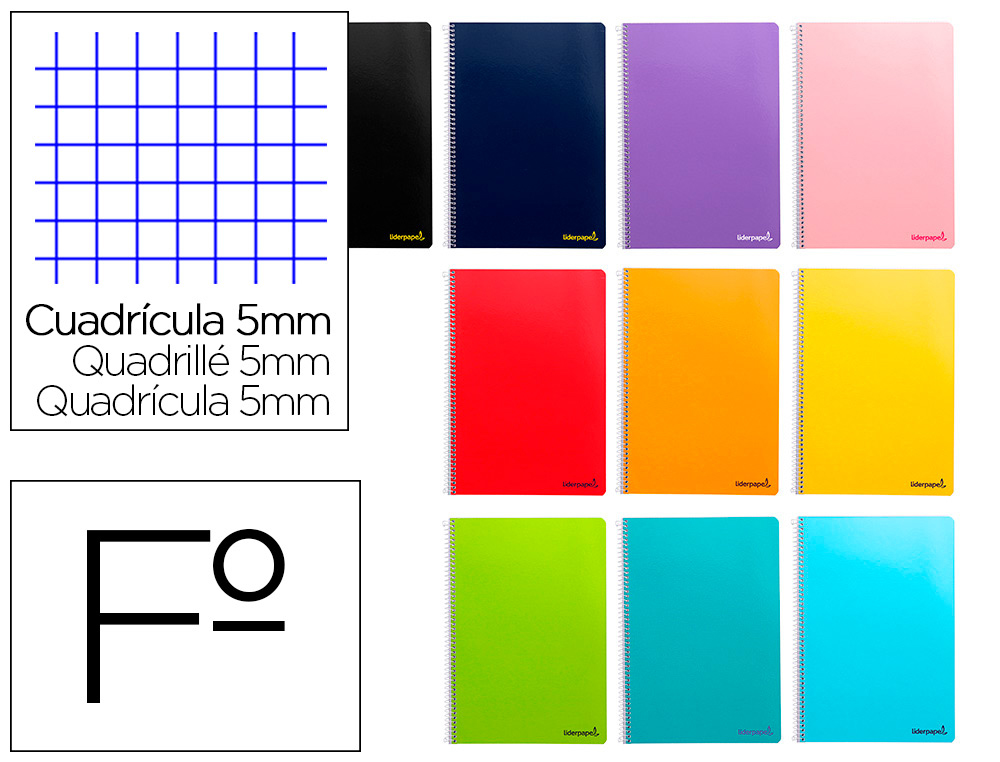 CUADERNO ESPIRAL LIDERPAPEL FOLIO INSPIRE TAPA DURA 80H 60 GR CUADRO 6MM CON MARGEN COLORES SURTIDOS