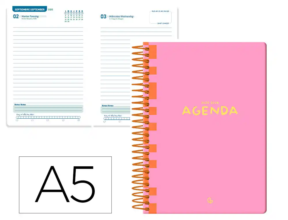 Agenda escolar LIDERPAPEL 25-26 espiral classic rosa diapagina A5 bilingüe papel fsc 70 gr