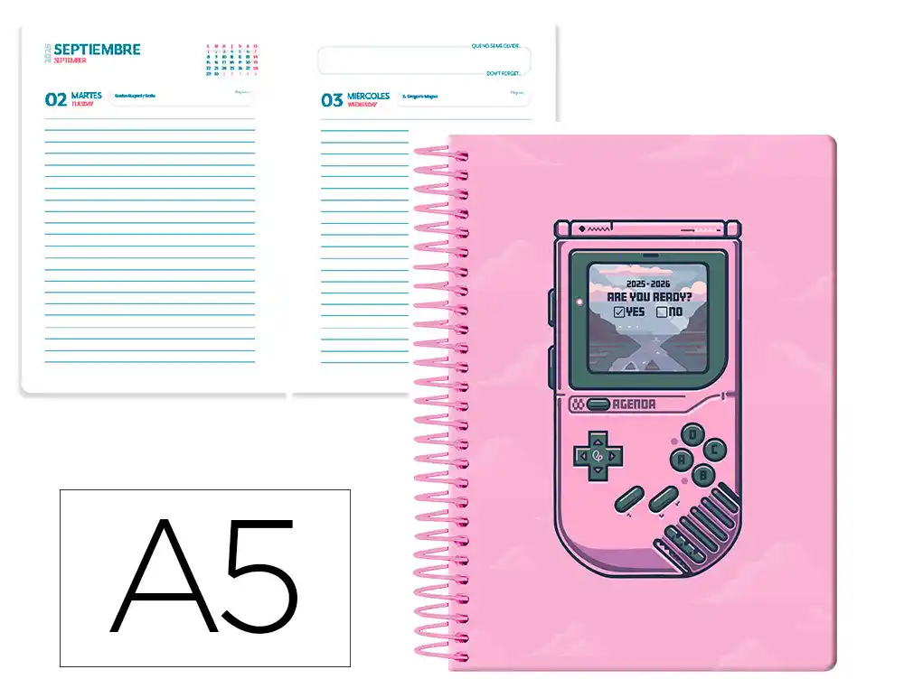 Agenda escolar LIDERPAPEL 25-26 espiral game on rosa dia pagina A5 bilingüe papel fsc 80 gr