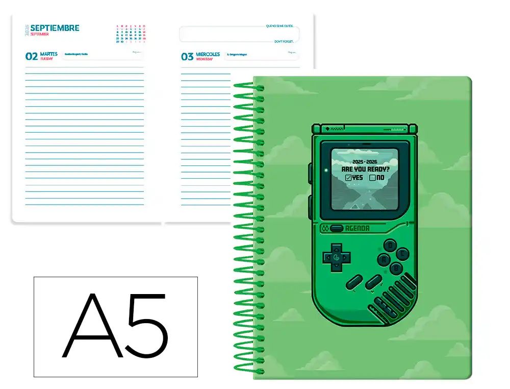 Agenda escolar LIDERPAPEL 25-26 espiral game on verde dia pagina A5 bilingüe papel fsc 80 gr