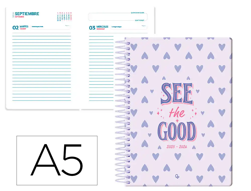 Agenda escolar LIDERPAPEL 25-26 espiral petite corazones dia pagina A5 bilingüe papel fsc 80 gr