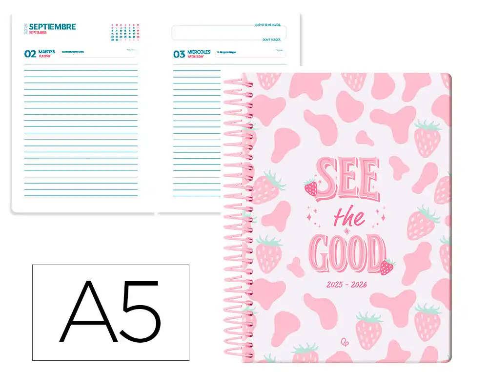 Agenda escolar LIDERPAPEL 25-26 espiral petite fresas dia pagina A5 bilingüe papel fsc 80 gr