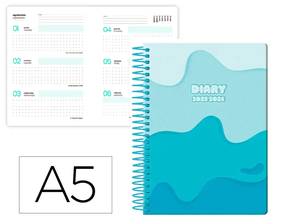 Agenda escolar LIDERPAPEL 25-26 espiral melting azul semana vista A5 bilingüe papel fsc 80 gr