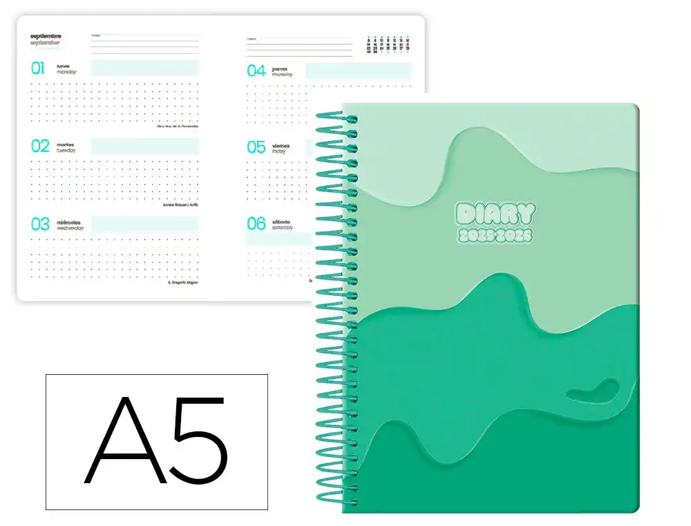 Agenda escolar LIDERPAPEL 25-26 espiral melting verde semana vista A5 bilingüe papel fsc 80 gr