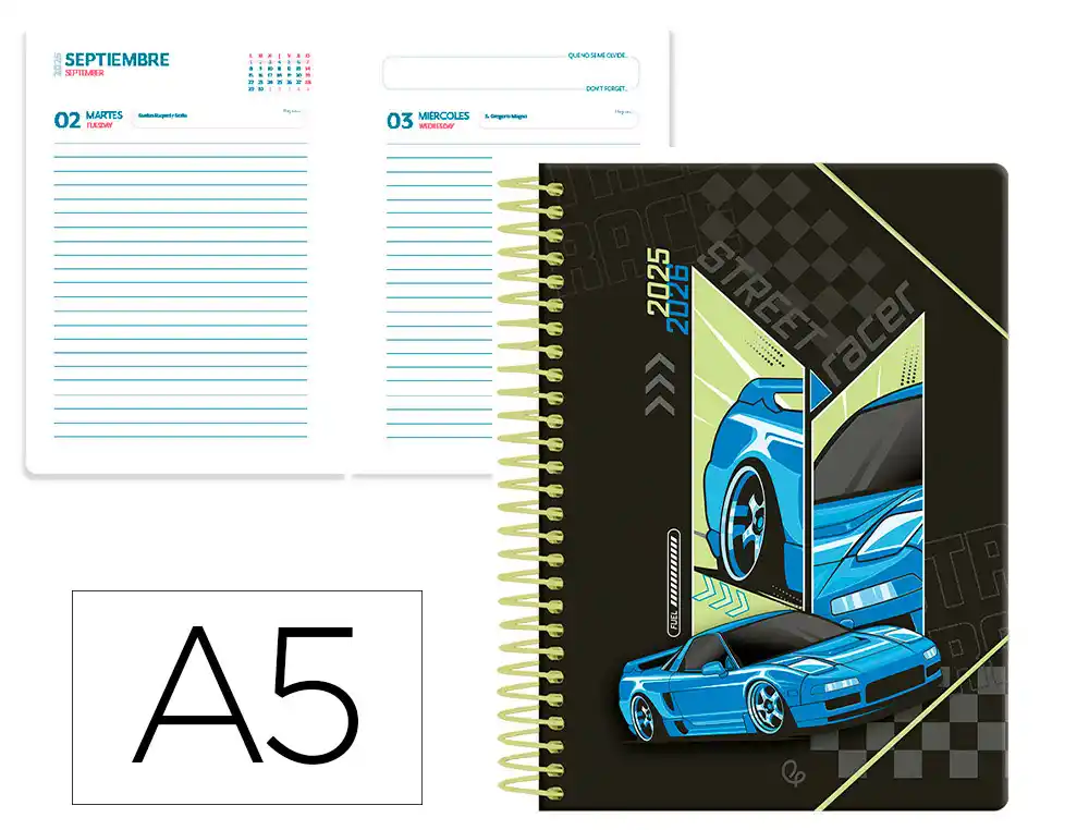Agenda escolar LIDERPAPEL 25-26 espiral cars azul dia pagina A5 bilingüe papel fsc 80 gr
