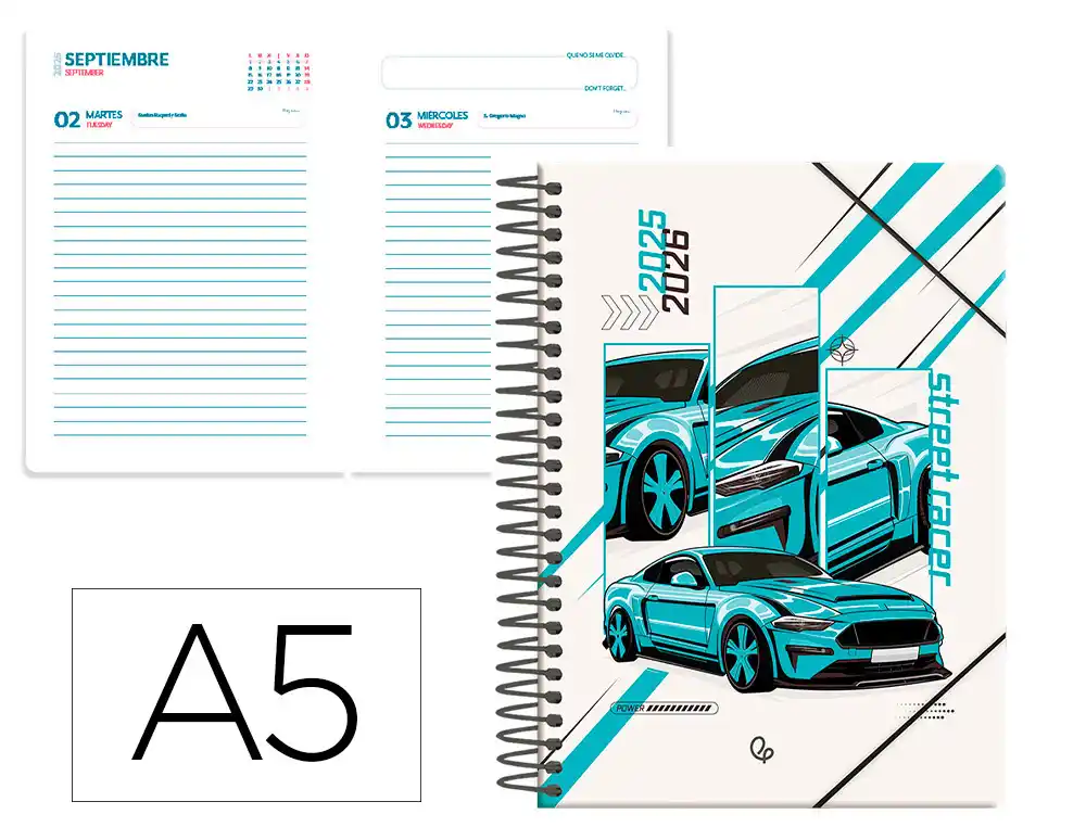 Agenda escolar LIDERPAPEL 25-26 espiral cars turquesa dia pagina A5 bilingüe papel fsc 80 gr