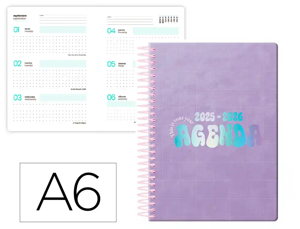 Agenda escolar LIDERPAPEL 25-26 espiral kymolos dia pagina A6 bilingüe papel fsc 80 gr
