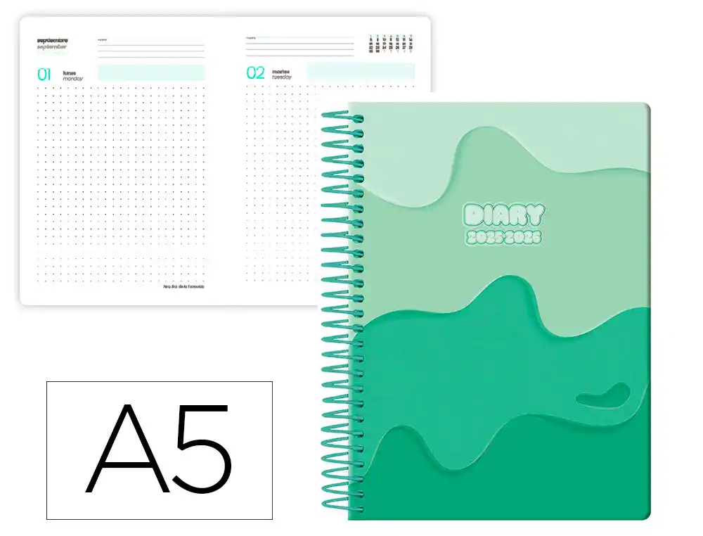 Agenda escolar LIDERPAPEL 25-26 espiral melting verde dia pagina A5 bilingüe papel fsc 80 gr