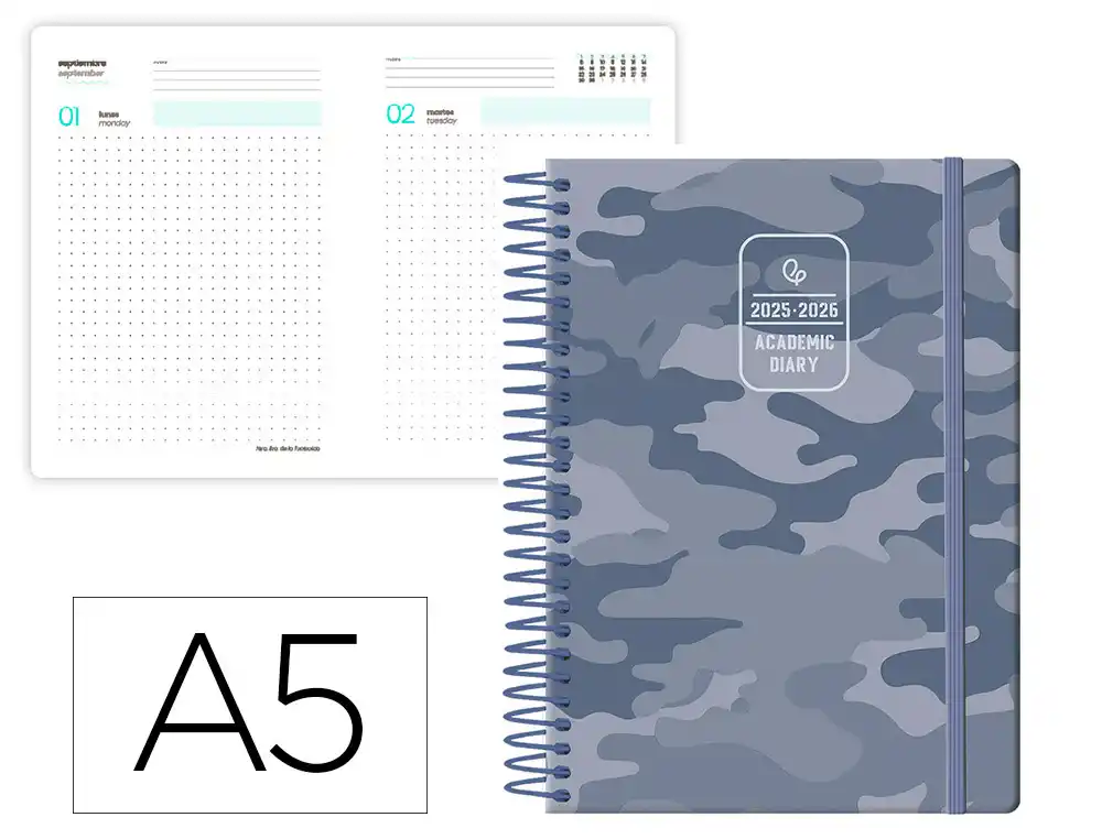 Agenda escolar LIDERPAPEL 25-26 espiral patterns militar gris dia pagina A5 bilingüe papel fsc 80 gr