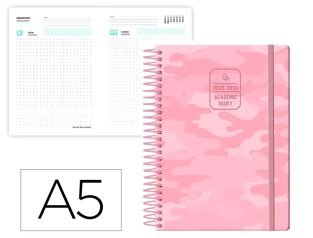 Agenda escolar LIDERPAPEL 25-26 espiral patterns militar rosa dia pagina A5 bilingüe papel fsc 80 gr