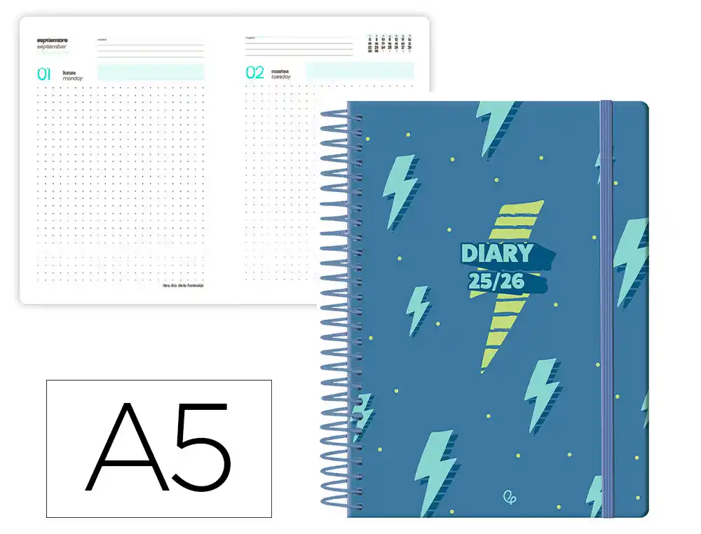 Agenda escolar LIDERPAPEL 25-26 espiral patterns rayos azul dia pagina A5 bilingüe papel fsc 80 gr