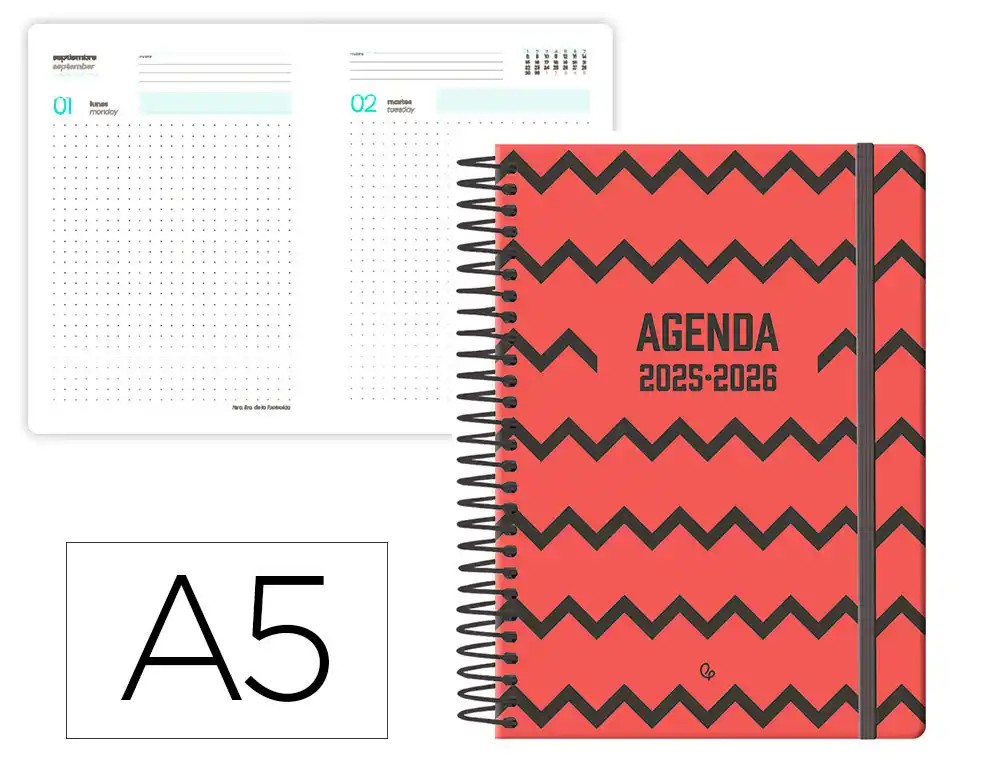 Agenda escolar LIDERPAPEL 25-26 espiral patterns zigzag dia pagina A5 bilingüe papel fsc