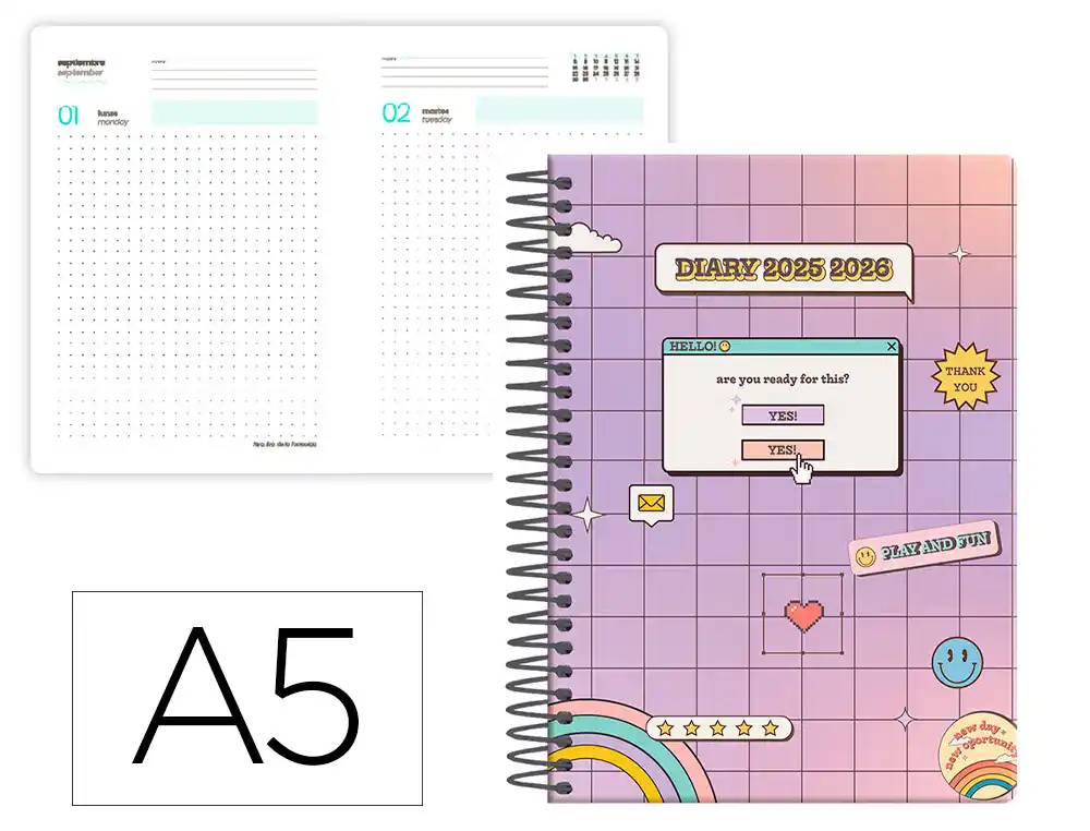 Agenda escolar LIDERPAPEL 25-26 espiral pixel morado dia pagina A5 bilingüe papel fsc 80 gr