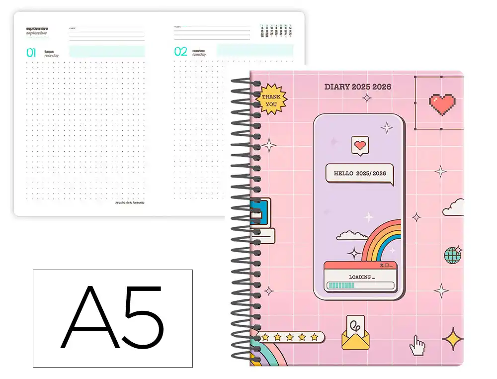 Agenda escolar LIDERPAPEL 25-26 espiral pixel rosa dia pagina A5 bilingüe papel fsc 80 gr
