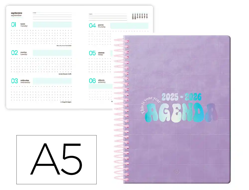 Agenda escolar LIDERPAPEL 25-26 espiral kymolos dia pagina A5 bilingüe papel fsc 80 gr