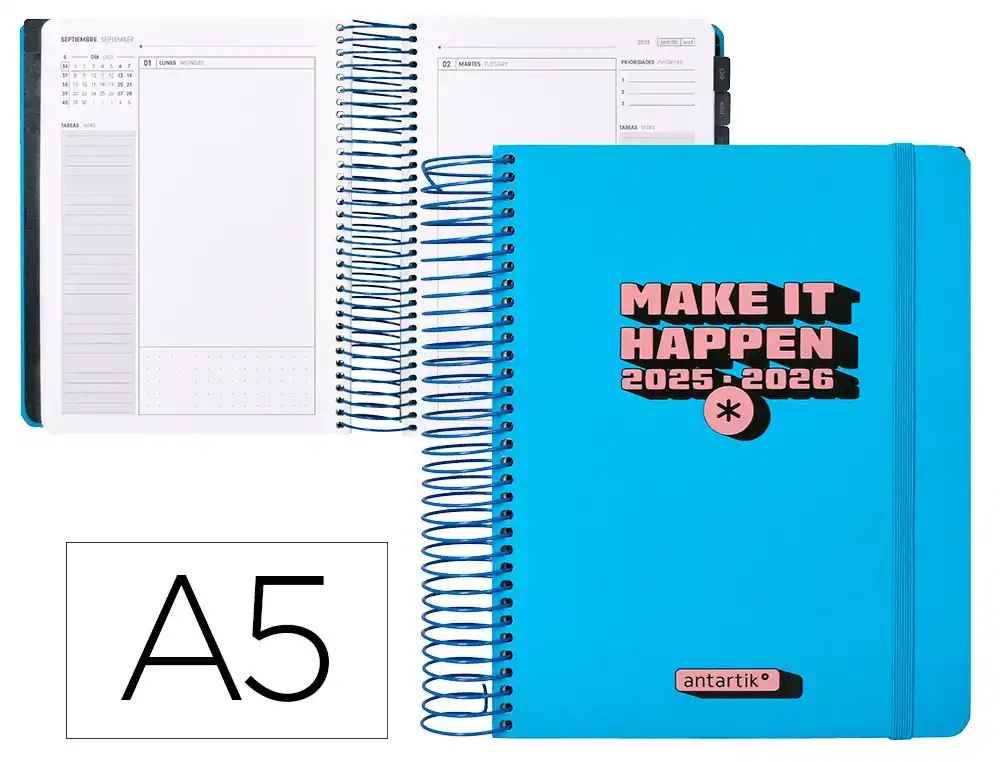 Agenda escolar ANTARTIK 25-26 espiral neon azul dia pagina A5 bilingüe papel fsc 80 gr