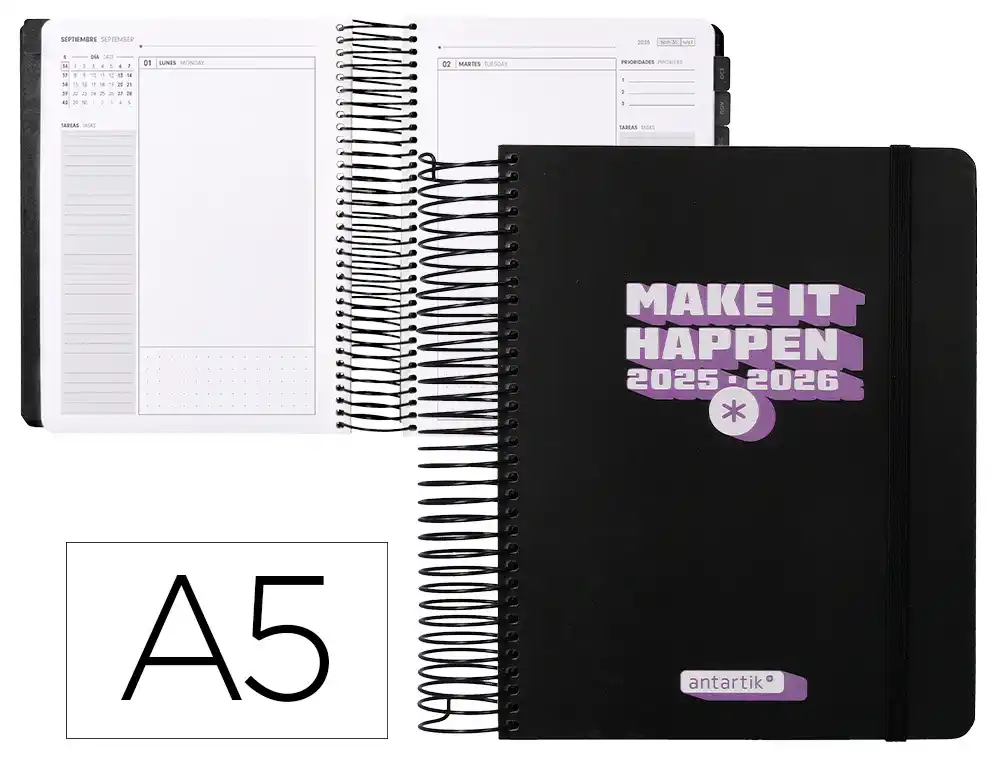 Agenda escolar ANTARTIK 25-26 espiral neon negro dia pagina A5 bilingüe papel fsc 80 gr