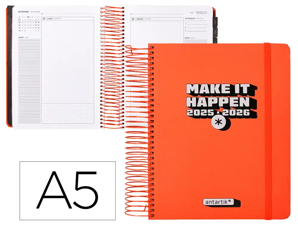 Agenda escolar ANTARTIK 25-26 espiral neon rosa dia pagina A5 bilingüe papel fsc 80 gr