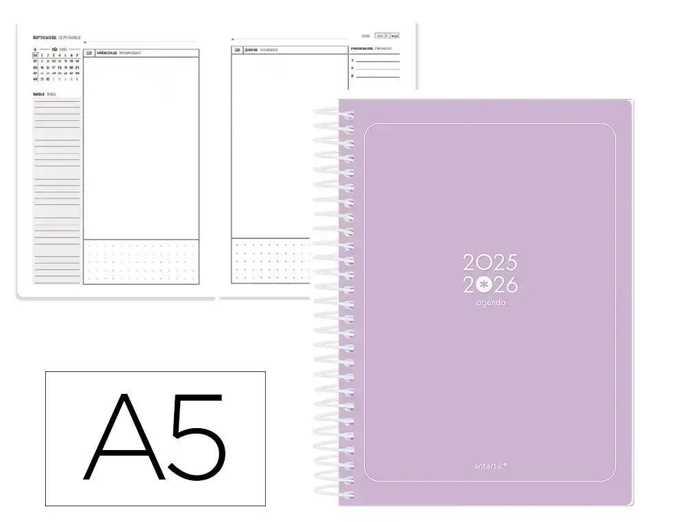 Agenda escolar ANTARTIK 25-26 espiral essentials morado dia pagina A5 bilingüe papel fsc 80 gr