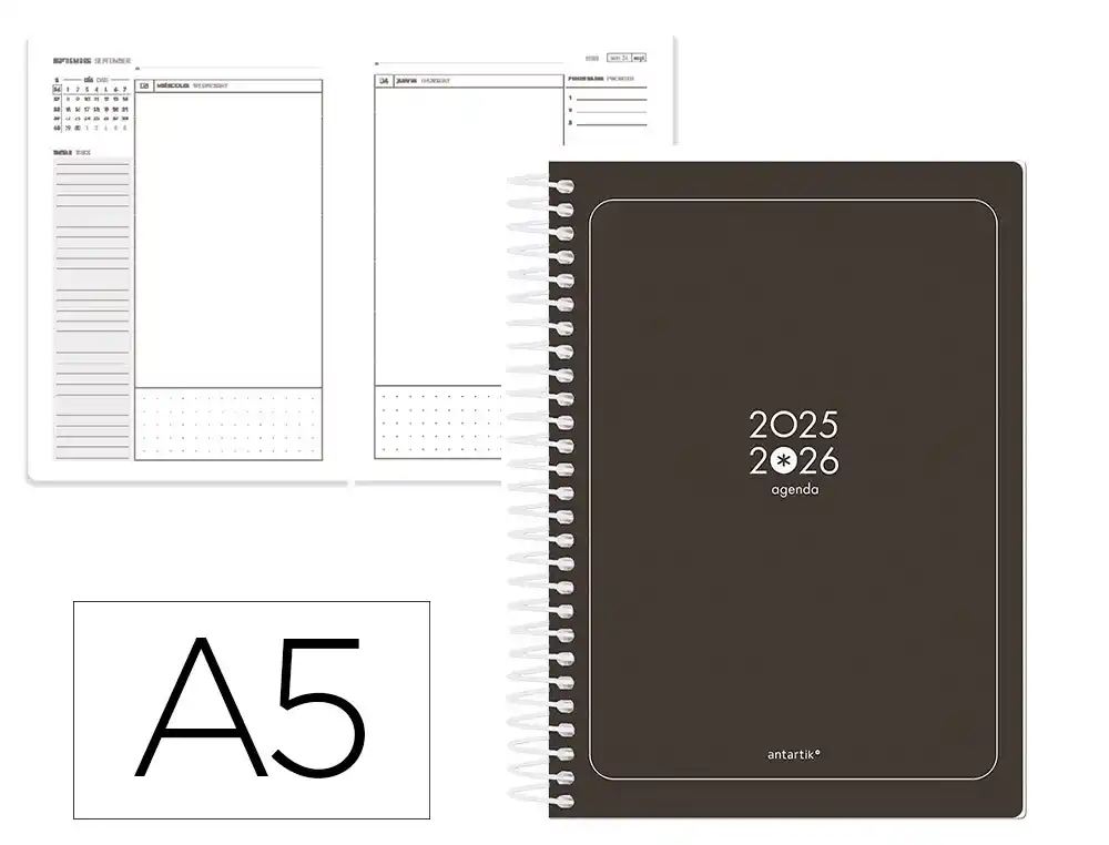 Agenda escolar ANTARTIK 25-26 espiral essentials negro dia pagina A5 bilingüe papel fsc 80 gr